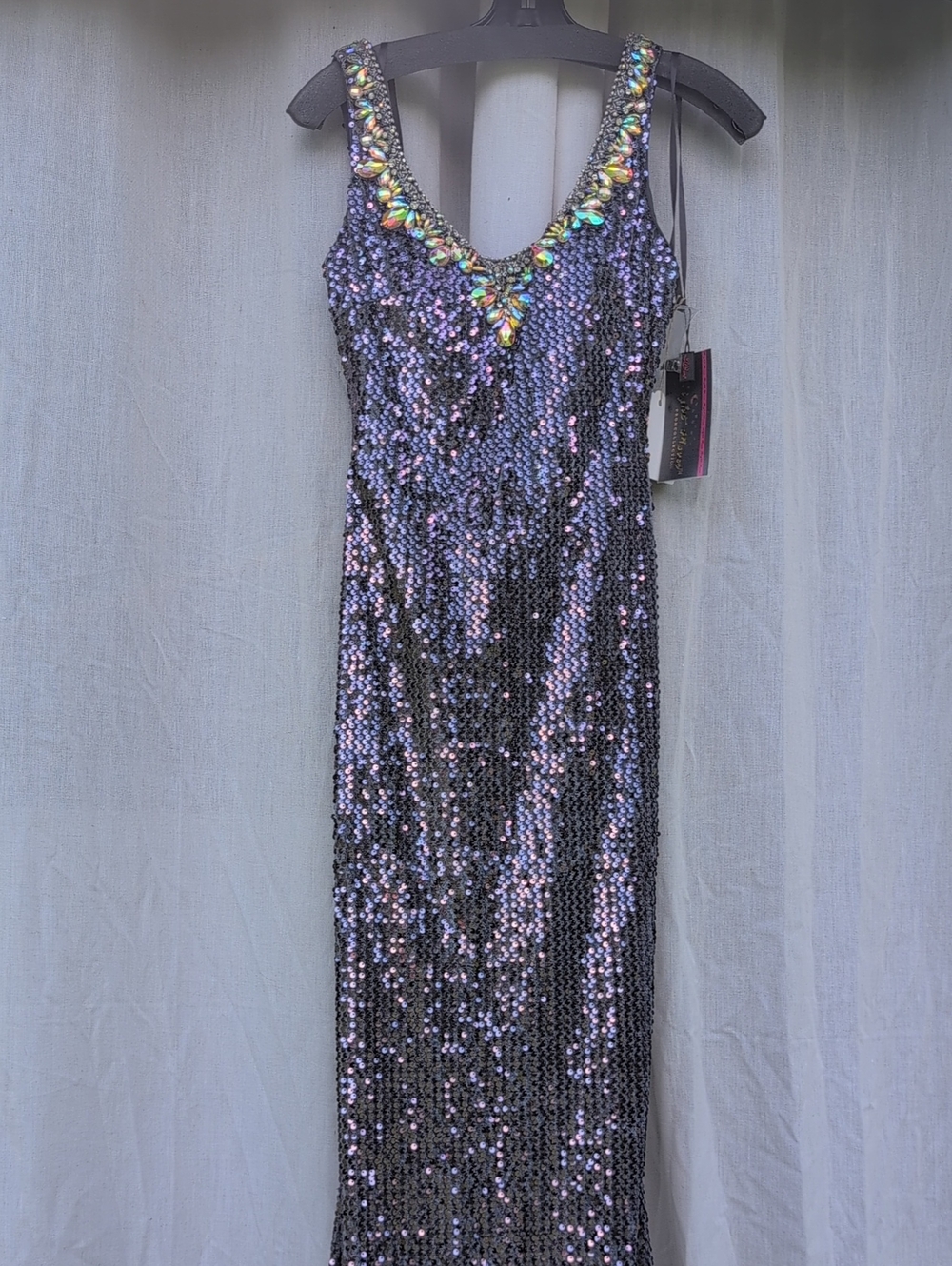 Nightmoves 6262 - Size4 - Charcoal - Sequin Evening Dress with Jeweled Neckline